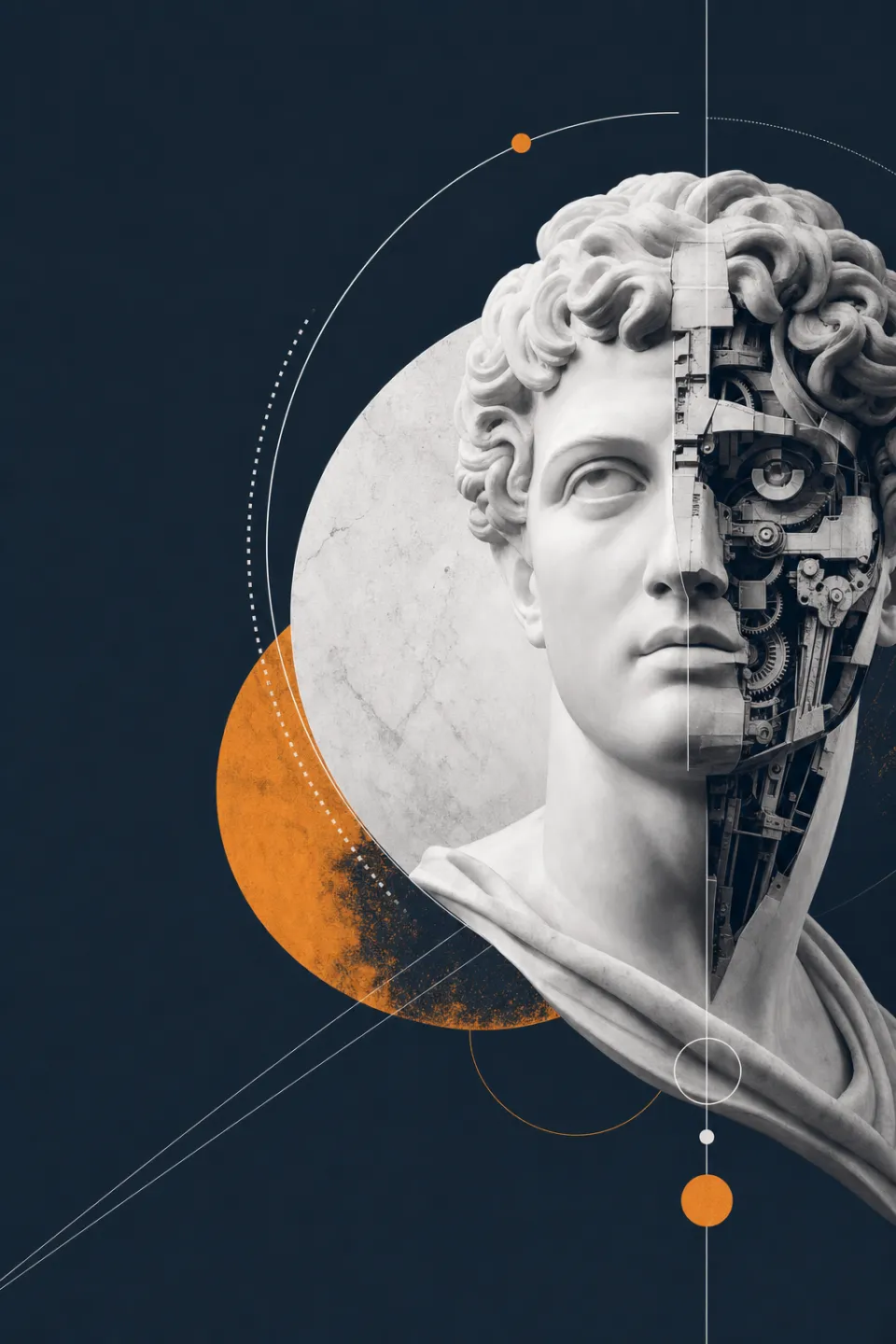 A person holding a tablet with an AI-inspired sculpture