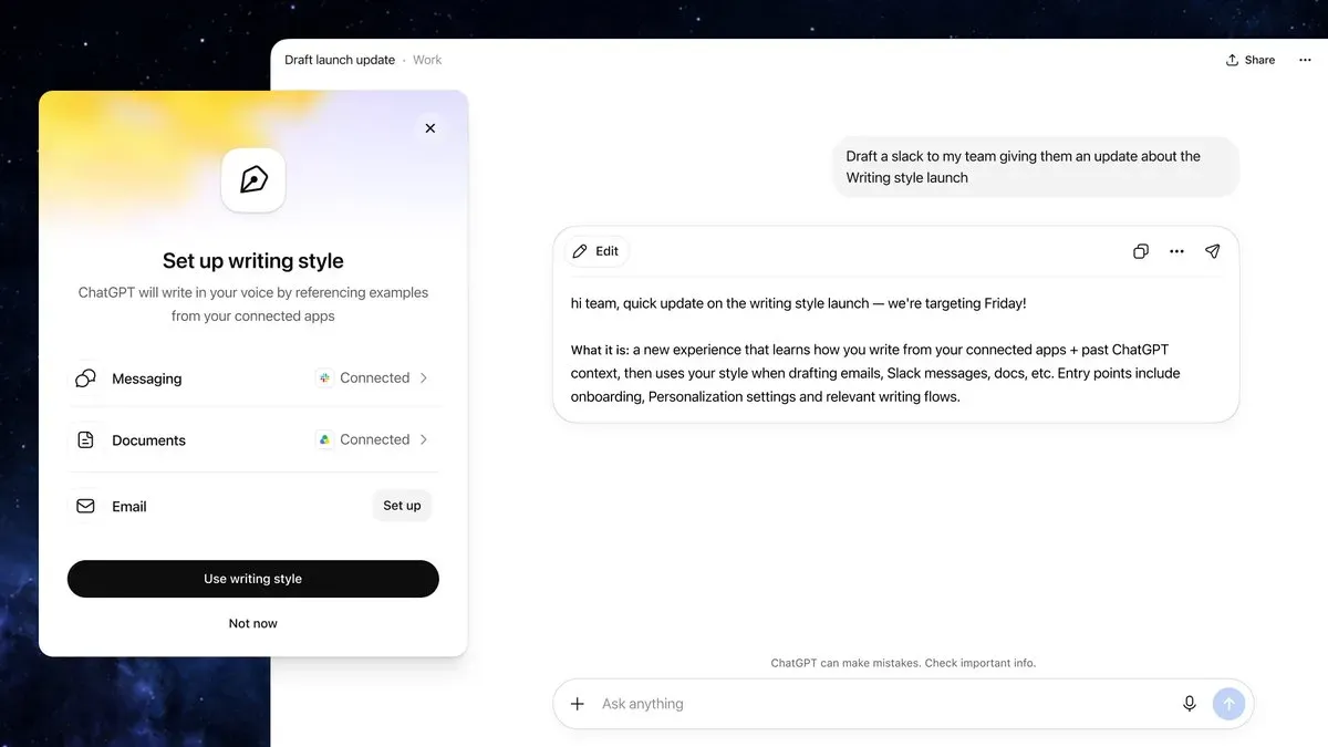 ChatGPT Work Now Learns to Write in Your Voice