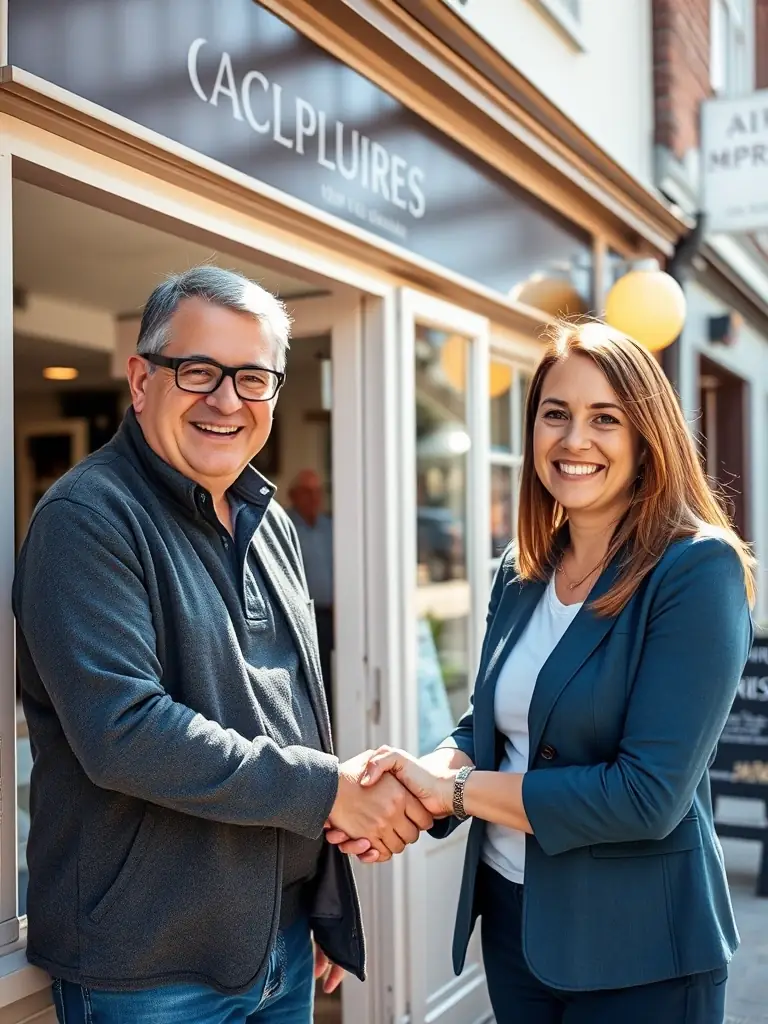 A photo of a local Oxfordshire business owner smiling and shaking hands with an AImpress marketing consultant, symbolizing the agency's commitment to building strong relationships with local businesses.