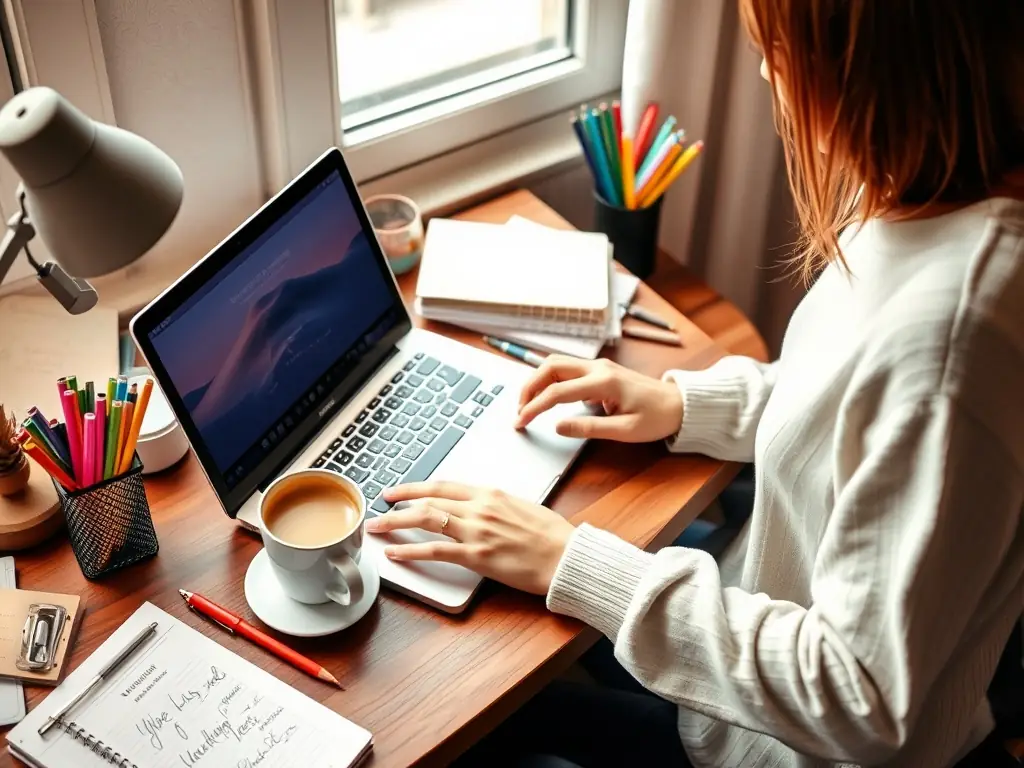 An image of a person writing a blog post on a laptop, with a focus on creativity and SEO optimization, symbolizing AImpress's blog content creation service.