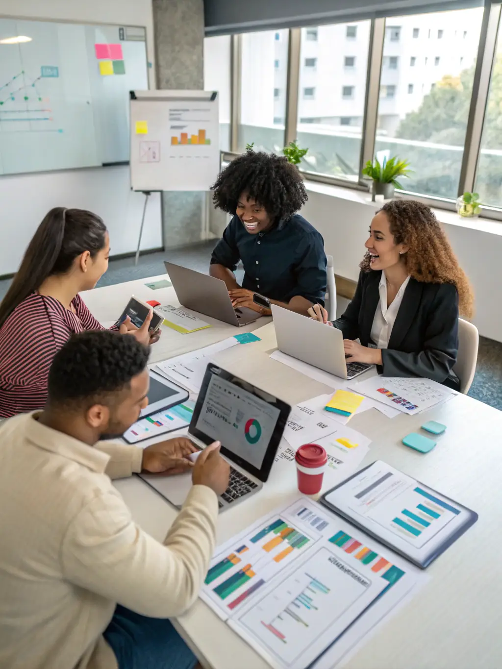 A close-up shot of a diverse team of marketing professionals collaborating around a table, reviewing data analytics on a laptop screen, showcasing the human element in data-driven decision-making at AImpress.