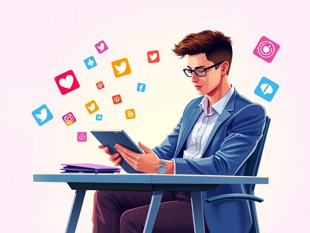 A vibrant image of a social media manager creating engaging content on a laptop, surrounded by social media icons and analytics dashboards, representing AImpress's social media management service.